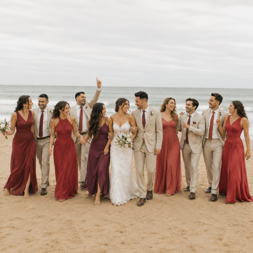 Bride, groom and guests on a beach in Spain