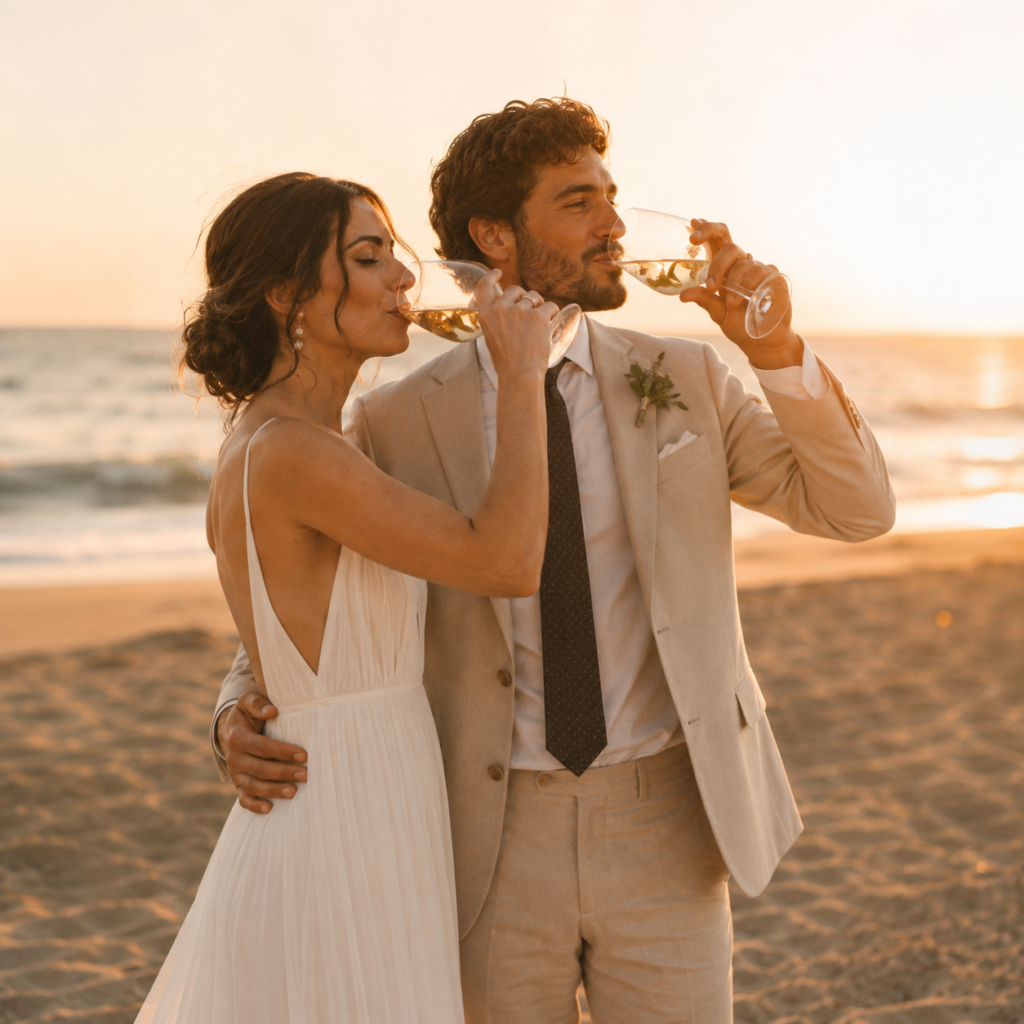 Married couple drinking wine on a beach in Spain