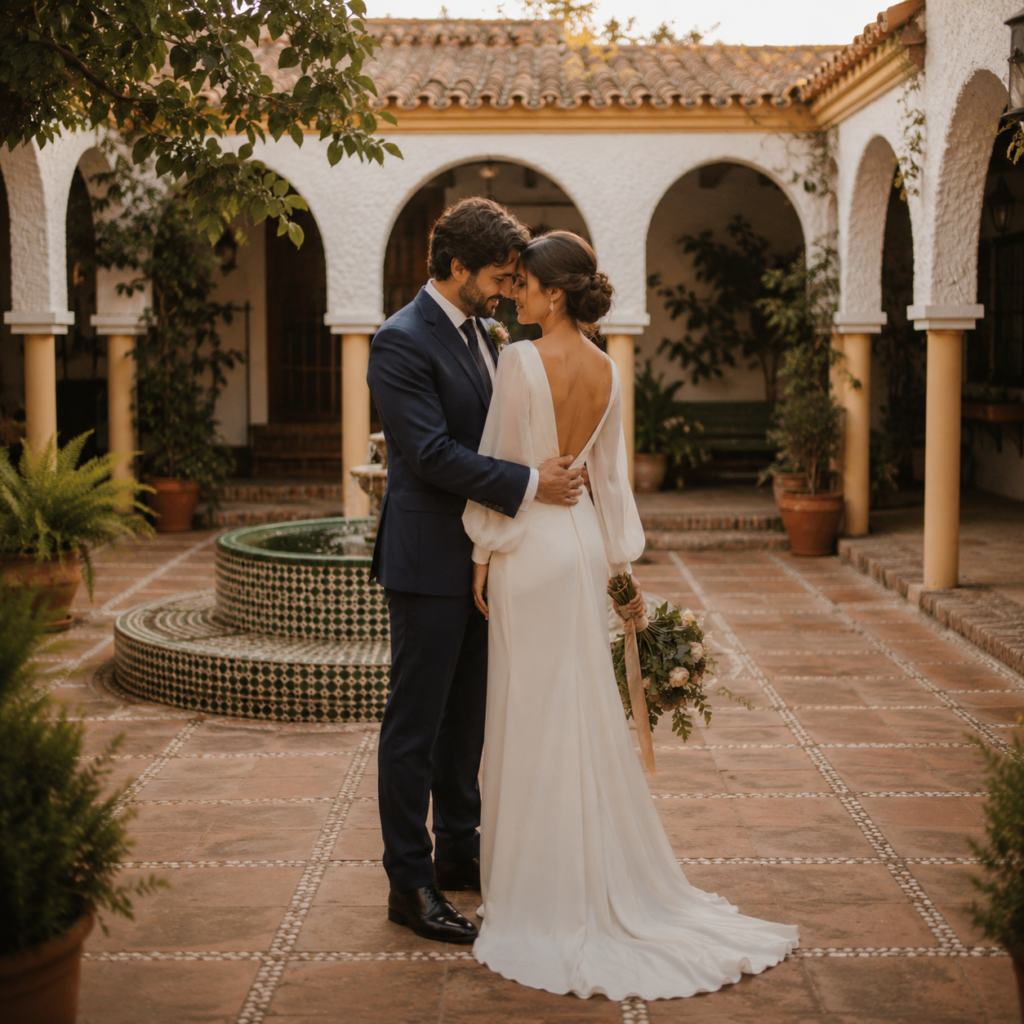 International couple getting wedding photoshoot in Spanish courtyard