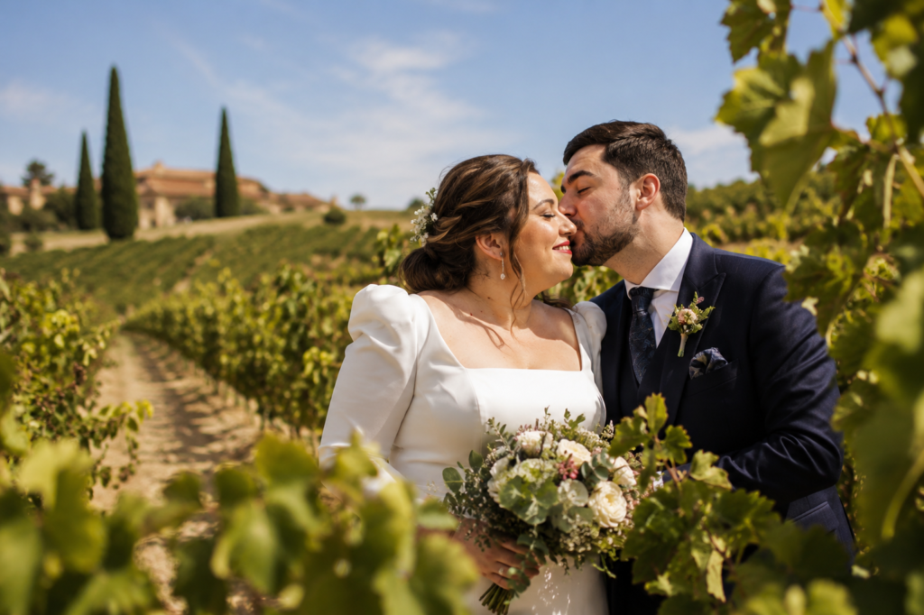 Groom kissing bride in the cheek in between vineyards in Spain
