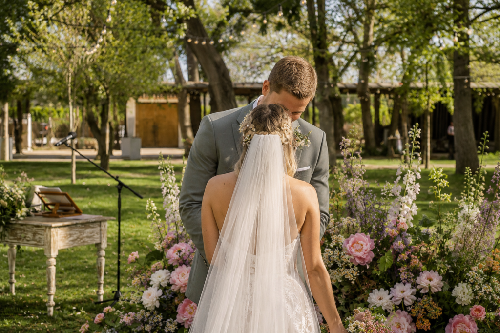 Couple kissing at civil ceremony decorated with spring flowers