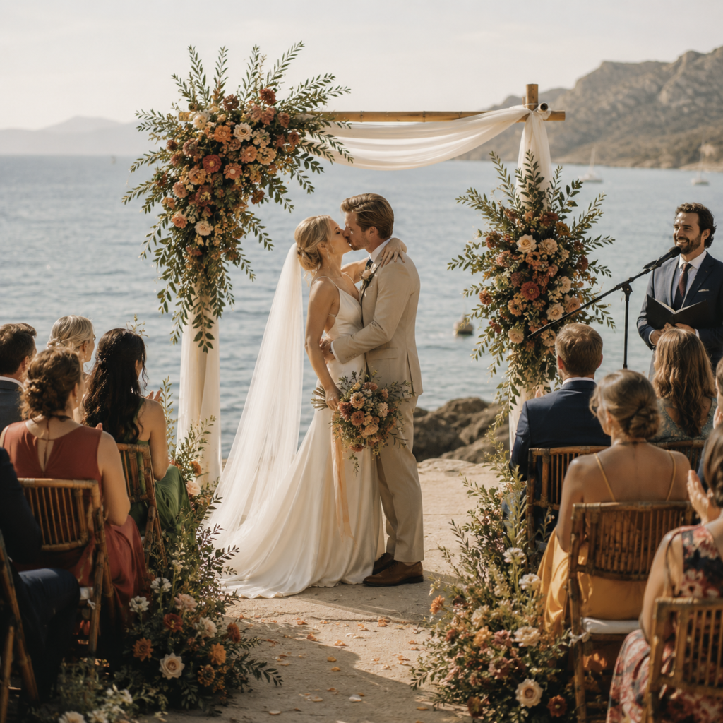 Couple kissing in front of bridal arch next to the beach in Spain