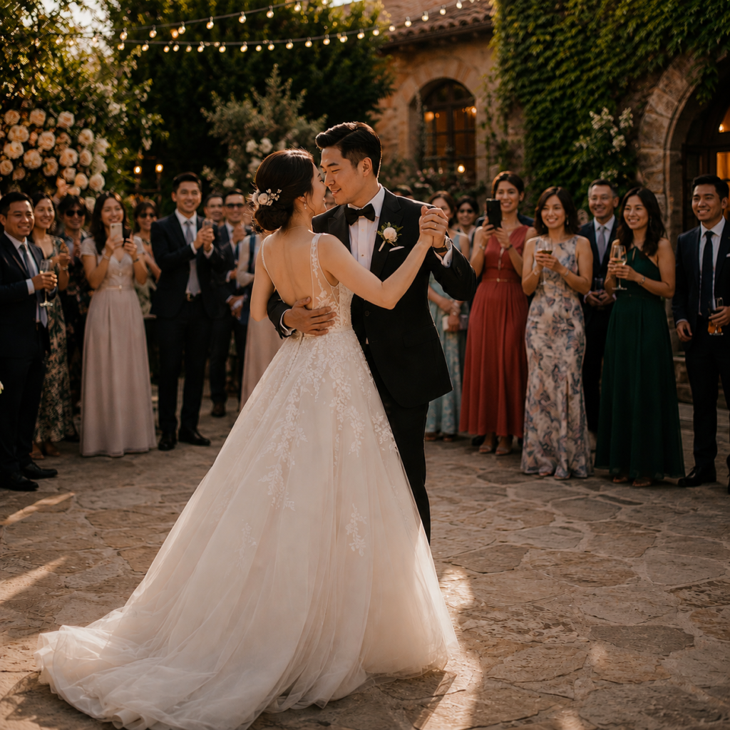 Asian couple wedding first dance in Spain