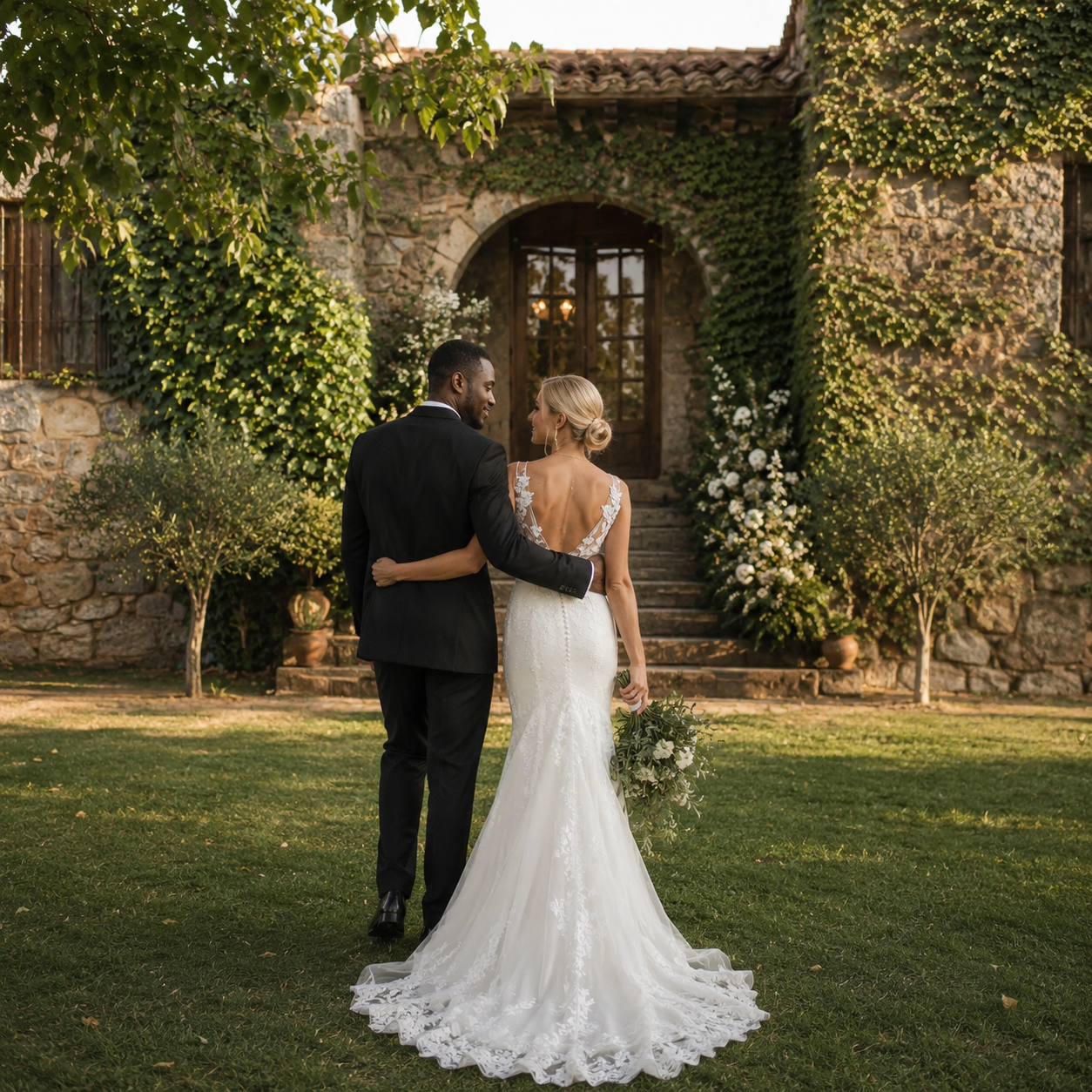 Back shot of an international couple at wedding venue in Spain