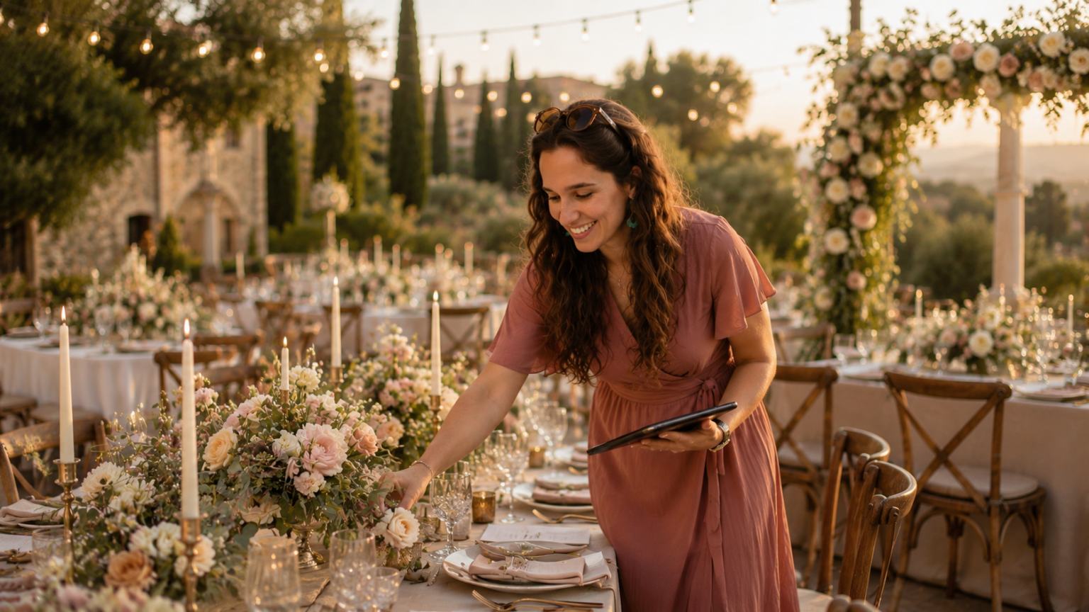 Spanish Wedding planner arranging wedding tables with flowers