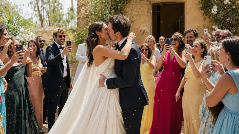 Bride and groom kissing surrounded by cheering guests at an outdoor destination wedding in Spain